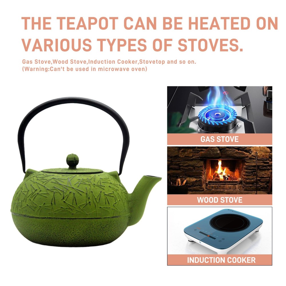 60.9oz Large Cast Iron Teapot, Big Tea Kettle for Stovetop Safe, Green Cast I...