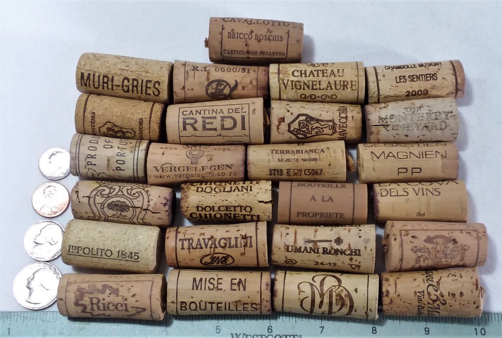 94 WINE CORKS, ASSORTED "LABELS", FOR CRAFTING