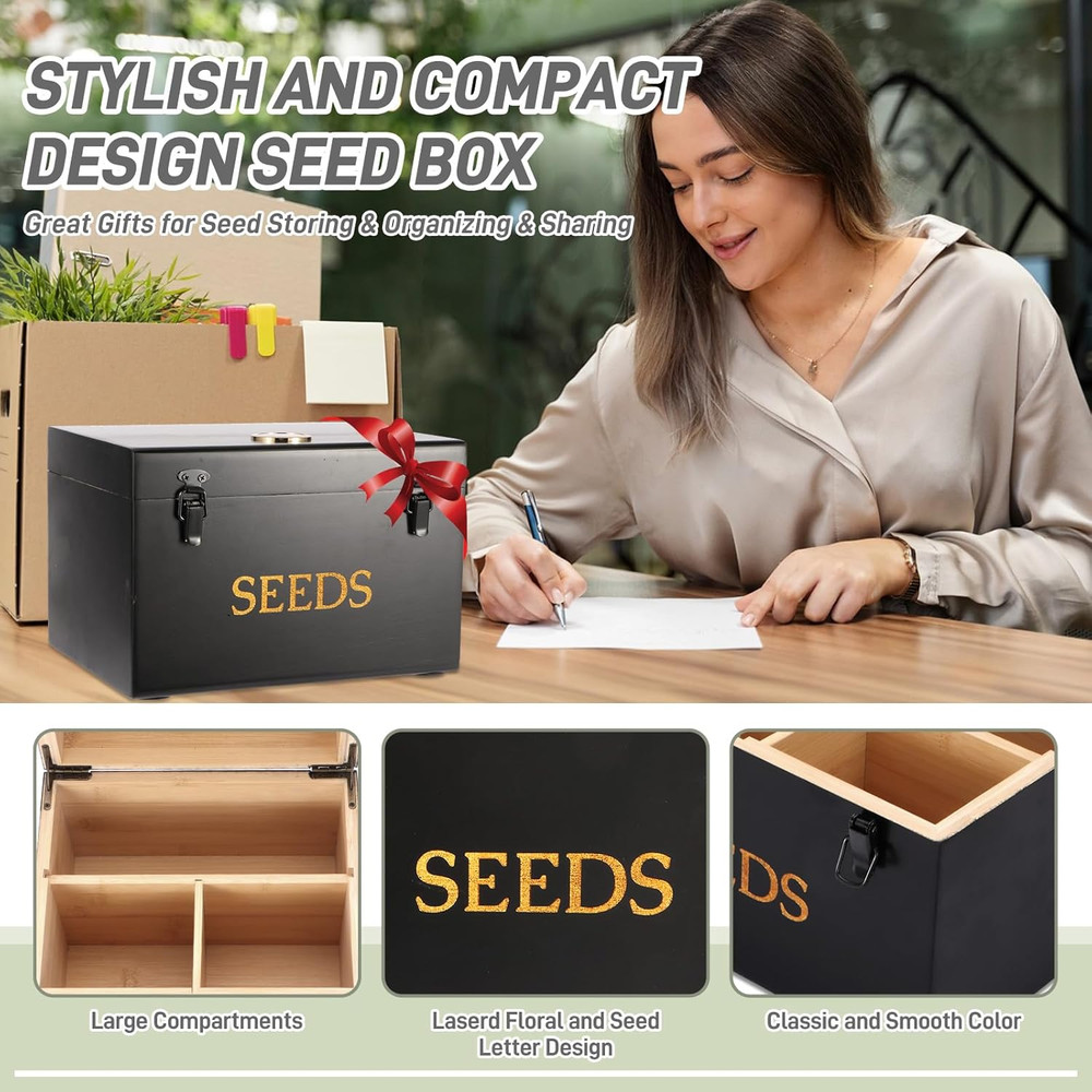 Bamboo Seed Storage Box with Hygrometer and Airtight Double-Layer Lid