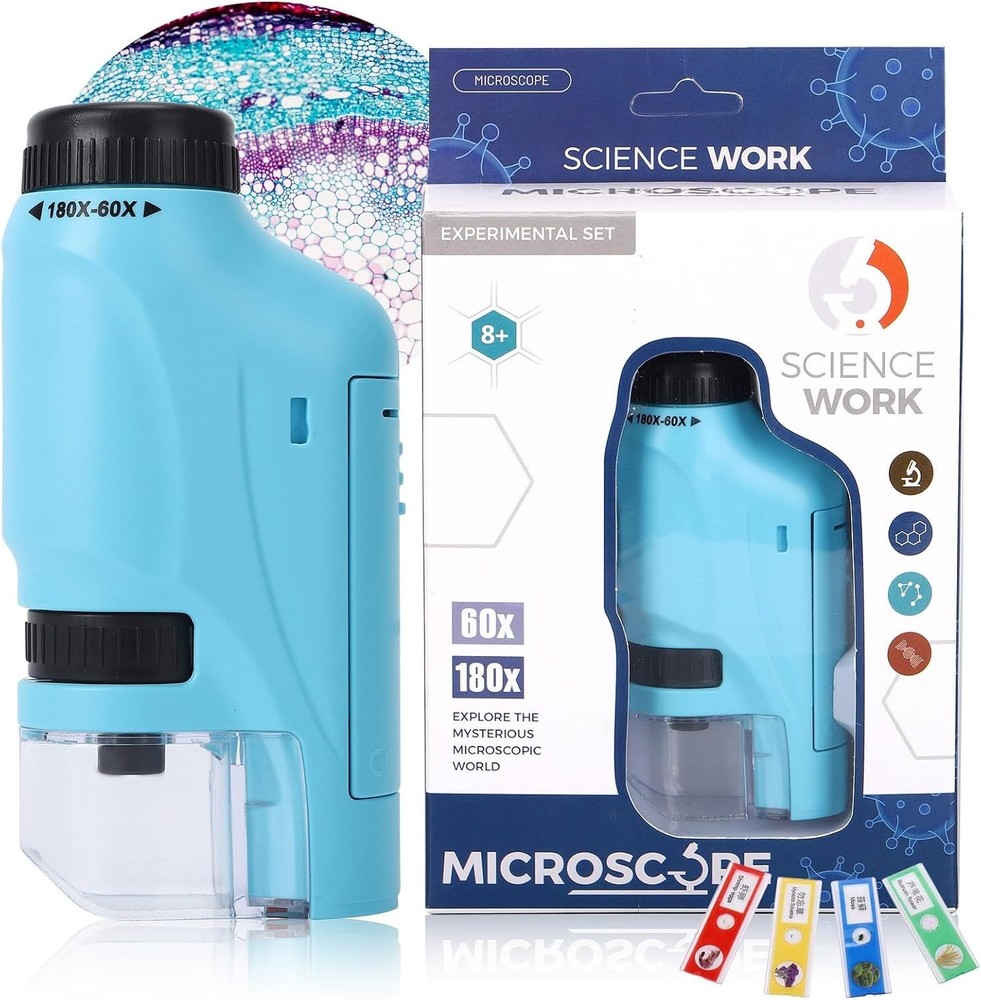 Portable Mini Microscope Handheld 60x-180x Lighted Microscope W/4 Slides, Blue