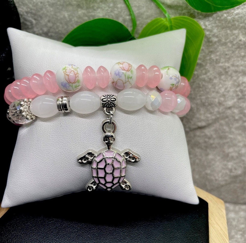 2 PC Handmade Boho Beaded Stackable 7” Plus Stretch Bracelet Set New B1368