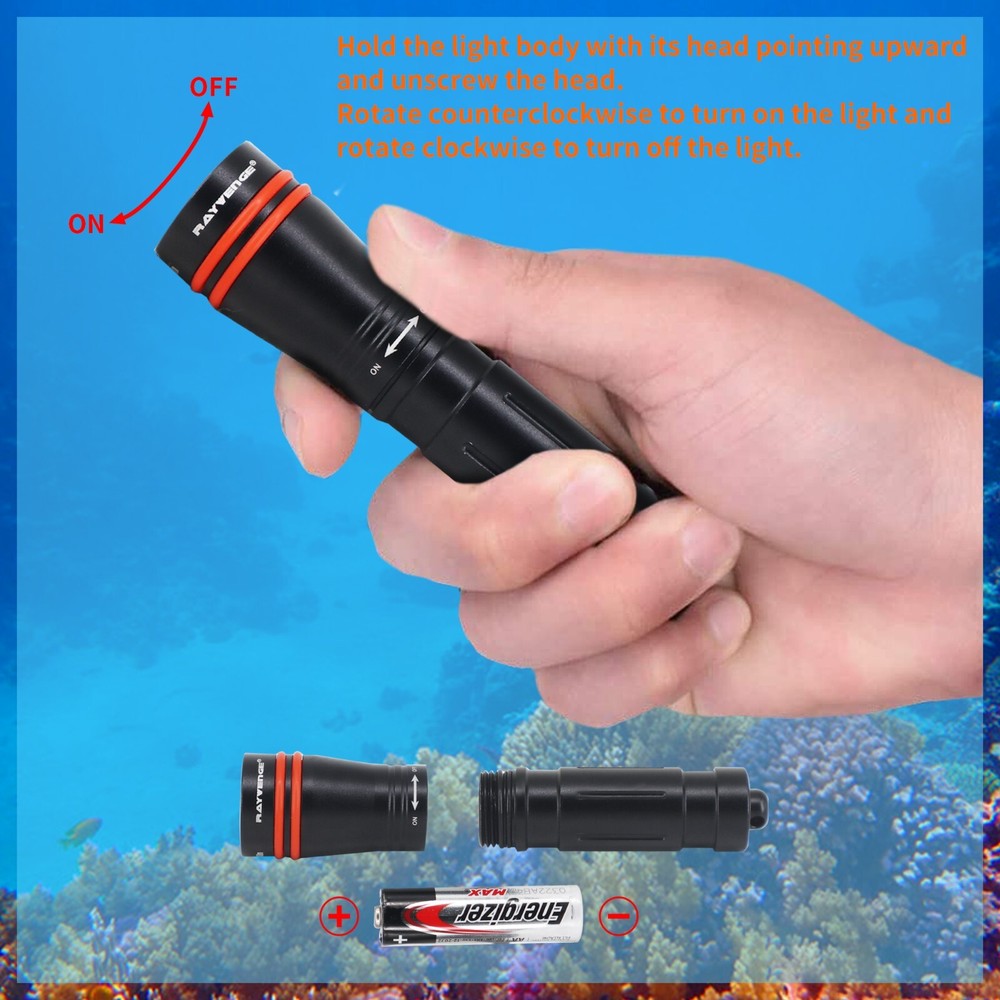 D2A Diving Flashlight Mini Scuba Dive Headlamp Underwater 100M Backup (Black)