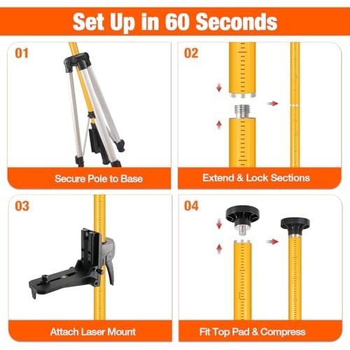 12Ft Adjustable Telescoping Laser Level Pole Tripod - Dual Thread Adapter & Case