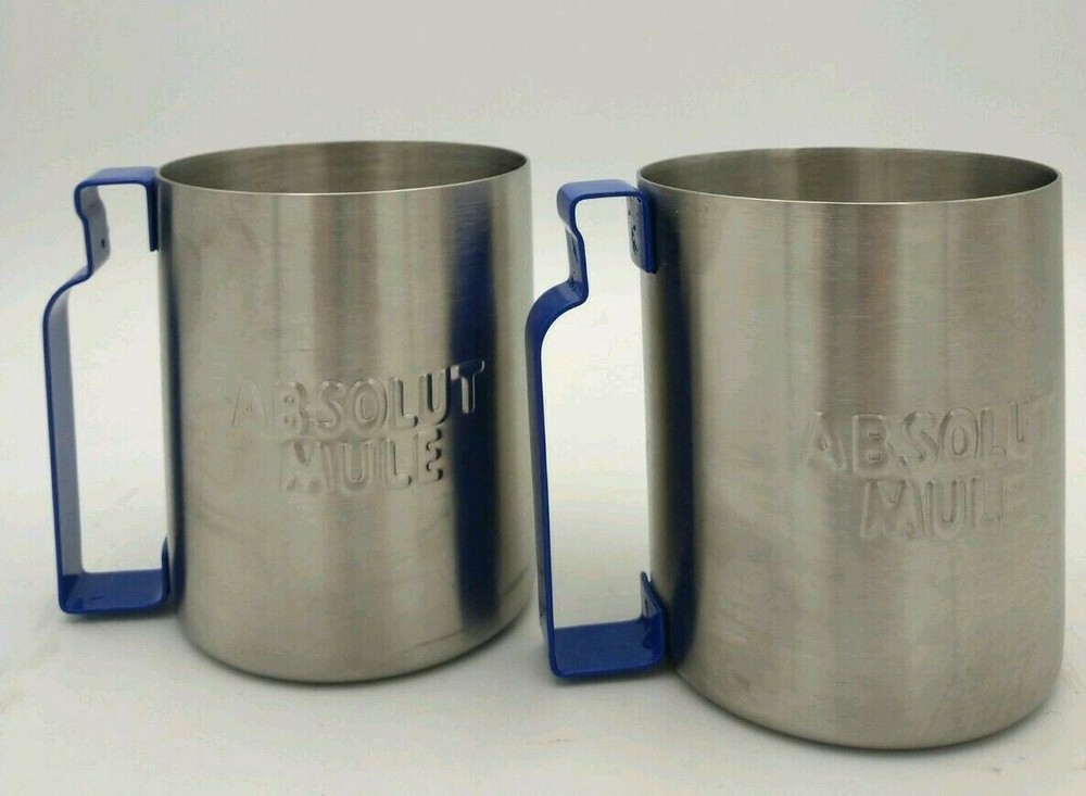 ABSOLUT Vodka Silver Tin Cup Embossed with Absolute Mule Blue Metal Handle