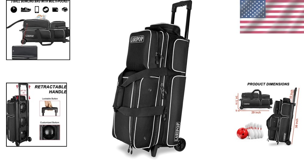 Spacious 3 Ball Bowling Bag with Retractable Handle