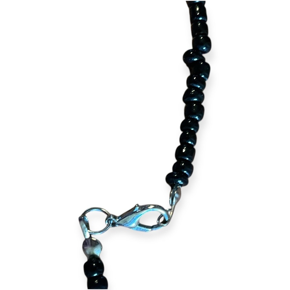 19” Black Beaded Necklace Silver Accent Filigree Spacer Boho Statement Beadwork