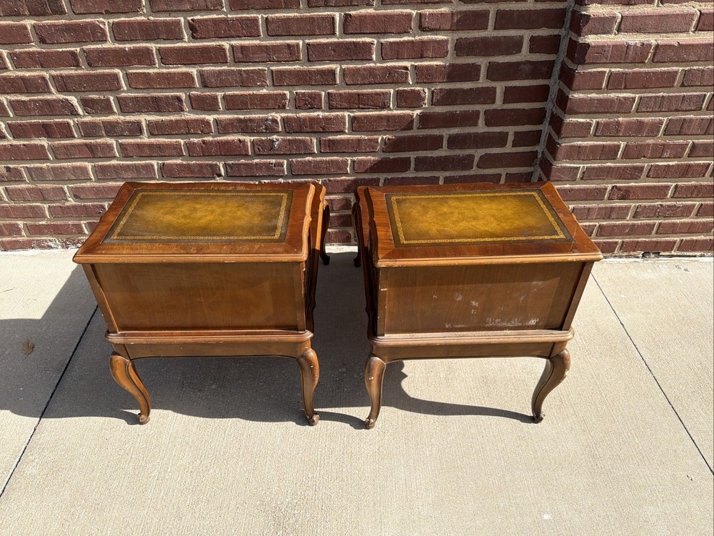 PAIR Step-Back Tooled Leather Top ANTIQUE Side End Tables