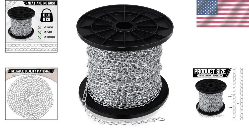 200 ft Galvanized Steel Hanging Jack Chain - Versatile Silver Link Chain Roll
