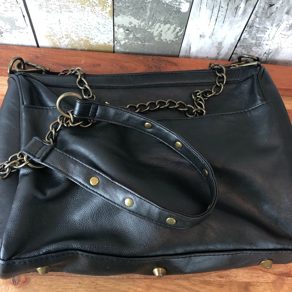 BRACIANO BLACK PURSE WITH EMBOSSED SILVER FLORAL DESIGN AND CHAIN