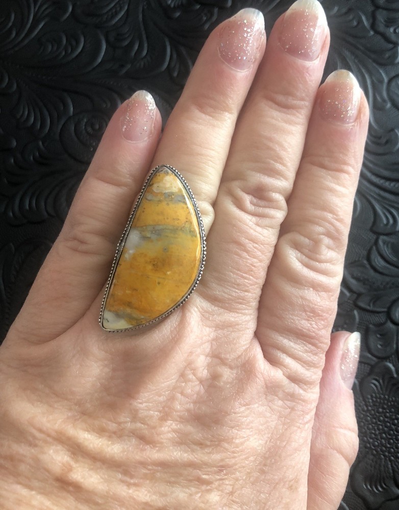 Crescent Moon Bumble Bee Jasper Size 7 Chunky Ring Box Bezel