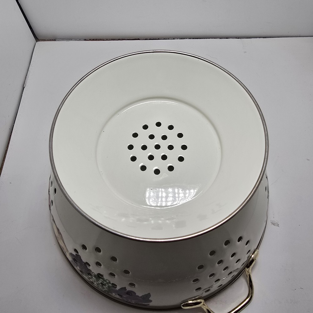 Vintage Cornucopia Enamel and Brass Colander/ Strainer Mixed Fruit Design