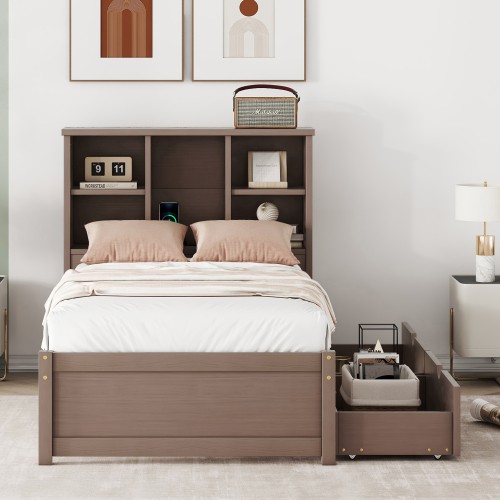 Built-in USB Port On Bookcase Headboard, Modern Twin Size Bed Frame
