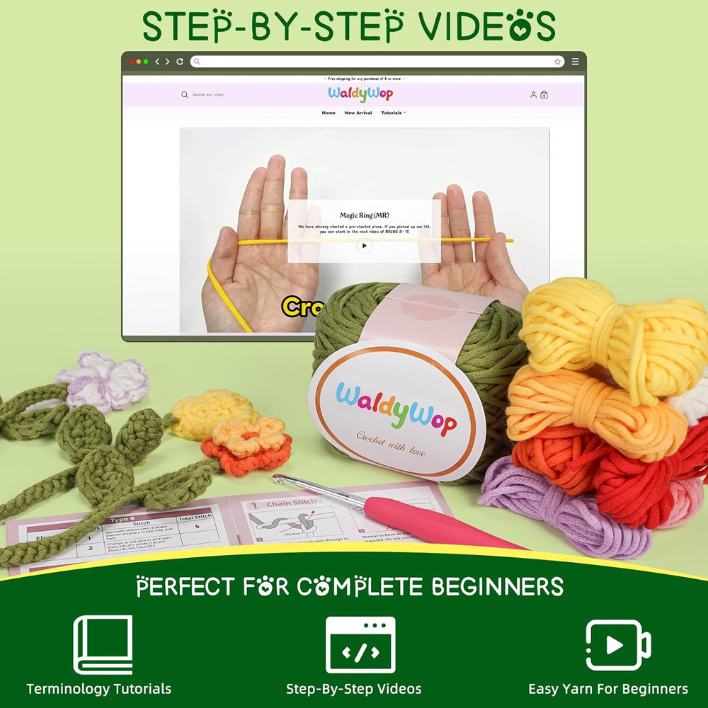 Beginner Crochet Kit: 8 Flower Bookmarks with Video Tutorials & Yarn Set