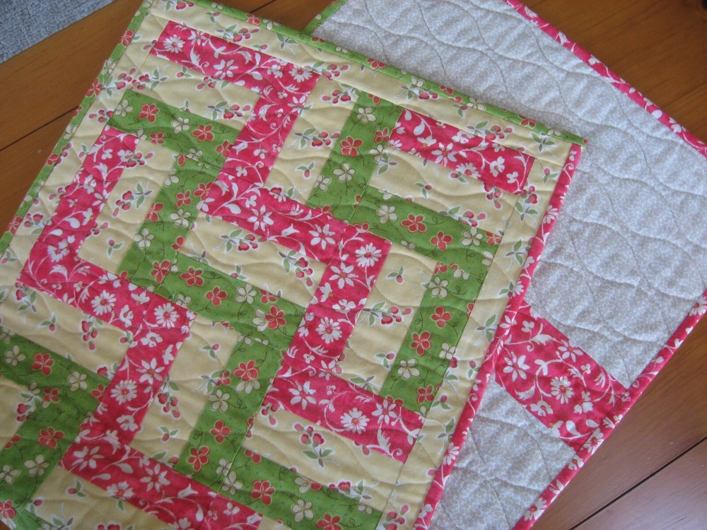Handmade Quilted Table Runner, Summer Florals 3-Rail Fence