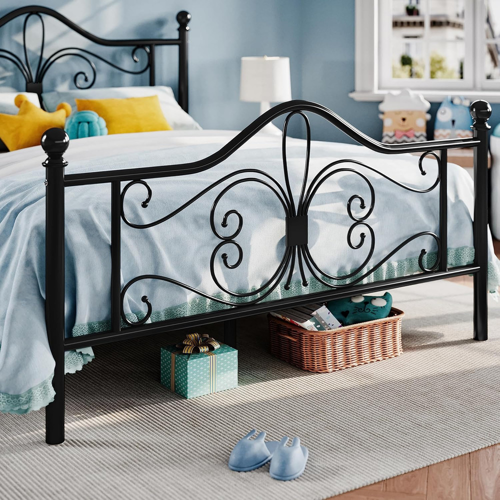 Stylish Queen Bed Frame with Butterfly Headboard, No Box Spring Needed, Black