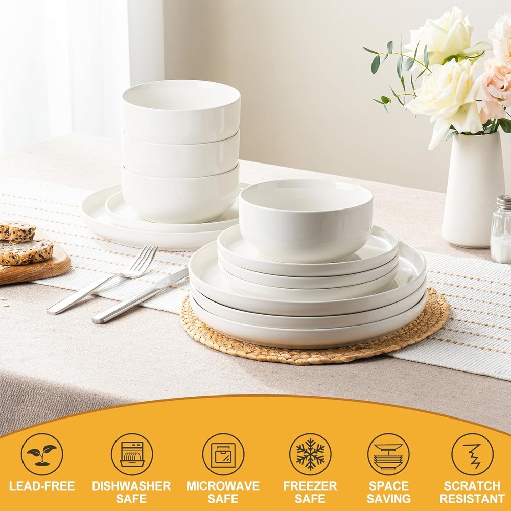 12 Piece Ceramic Dinnerware Set for 4 White Stoneware Plates Bowls