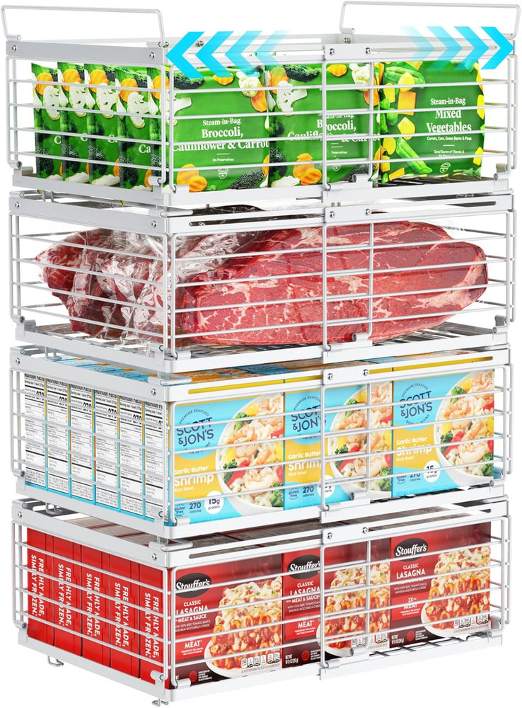 4 Pack Freezer Organizer Bins, Adjustable Wire Baskets for 10 to 20 Cu.Ft Chest