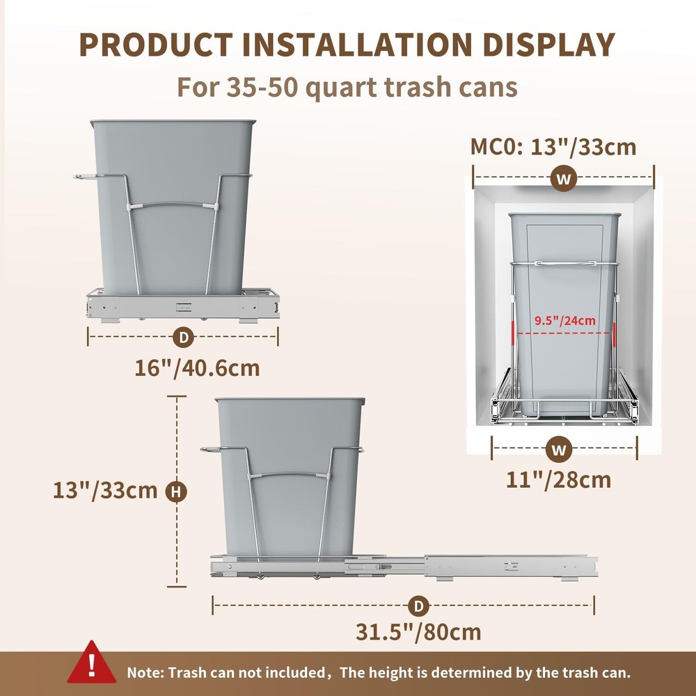 Pull Out Trash Can for Kitchen Cabinets, 35 Qt Under Sink Garbage Bin with Fu...