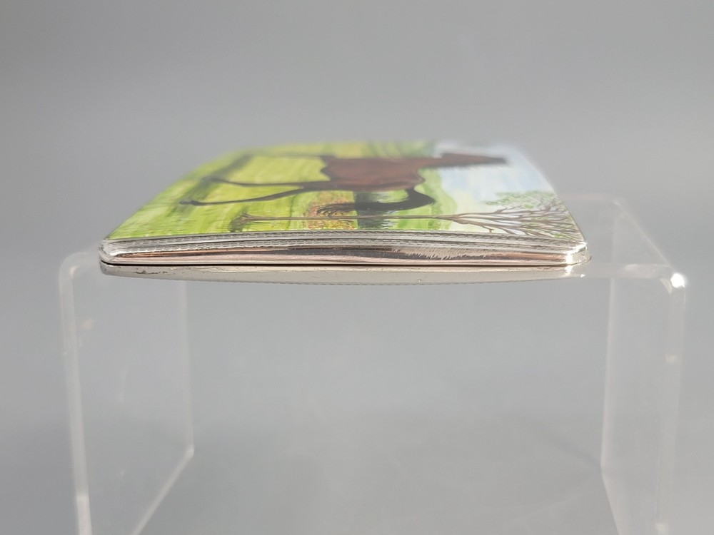 1917 Birmingham Sterling Silver Cigarette Case Enamel Horse Panel