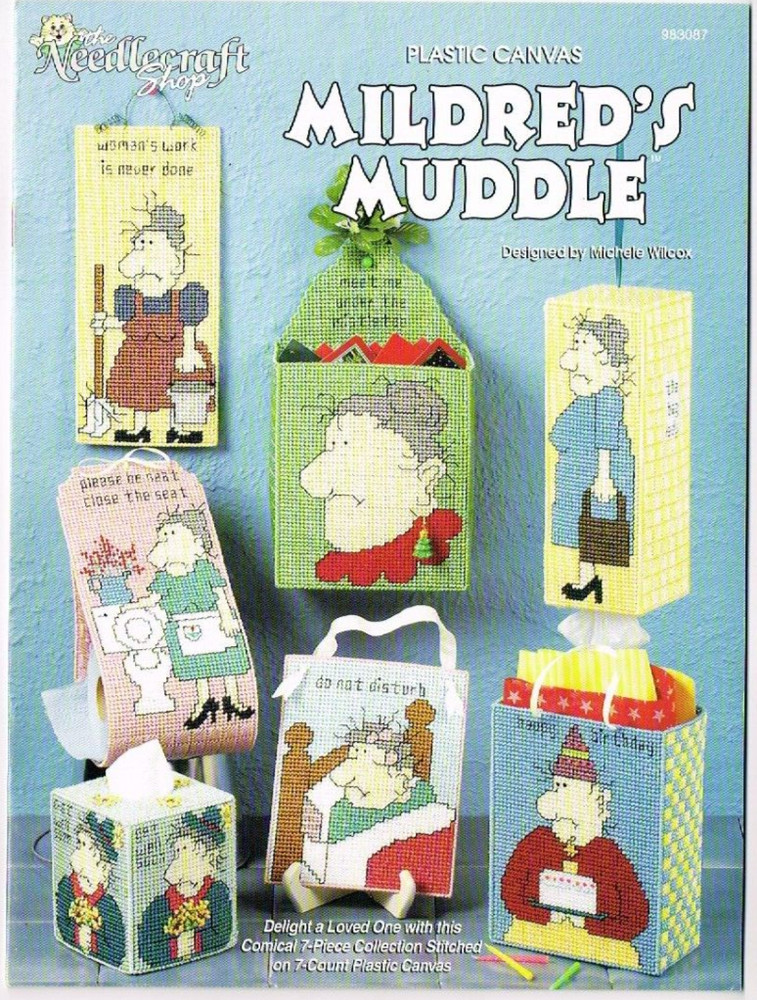 Mildred's Muddle Plastic Canvas Pattern Leaflet Needlecraft Shop Tissue Box +