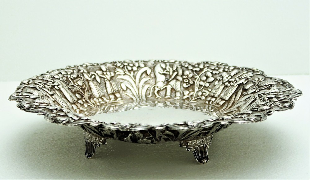 Handcrafted Assyrian Style Solid Silver Raised Pierced Bowl with Figurals