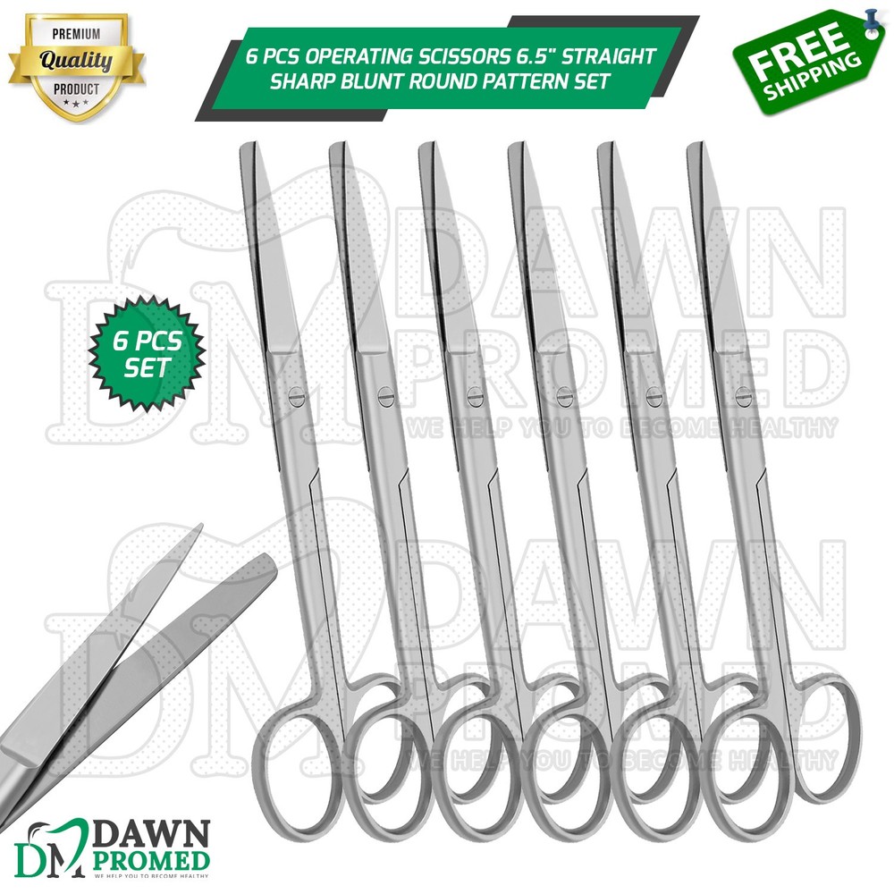 6 Pcs Operating Scissors 6.5" Straight Sharp Blunt Round Pattern Surgical Set