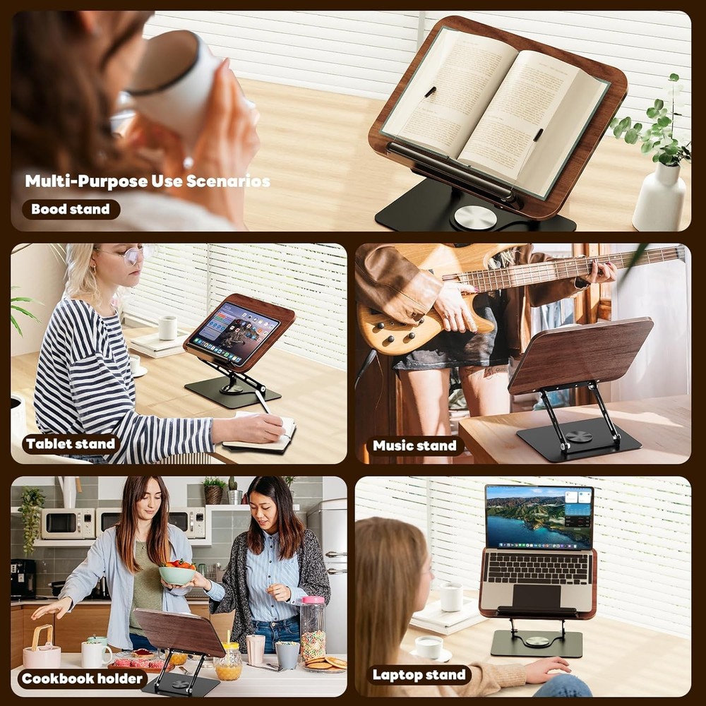 Book Stand for Reading, Adjustable Book Holder with 360°Rotating Bases, Ergonom