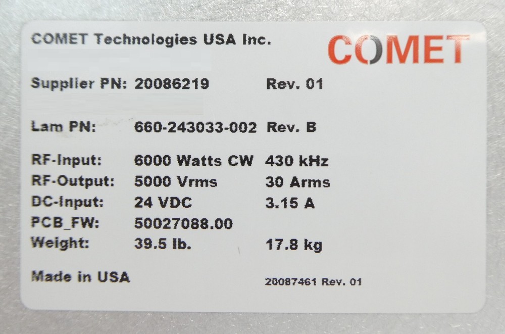 Comet Technologies 20086219 RF Match Lam Research 660-243033-002 Working Surplus