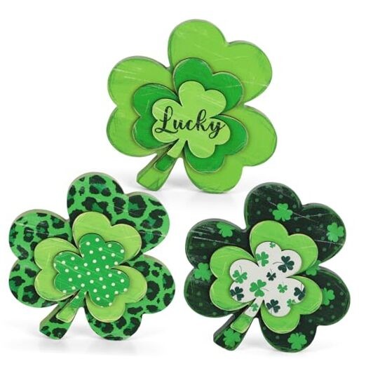 St. Patrick's Day Decorations, 3Pcs Wooden Saint Patrick Day Table Shamrock