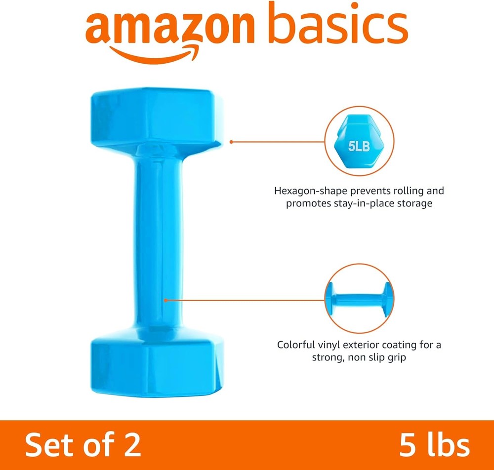 Amazon Basics Vinyl Coated Dumbbell Hand Weights 5 pound, Light Blue