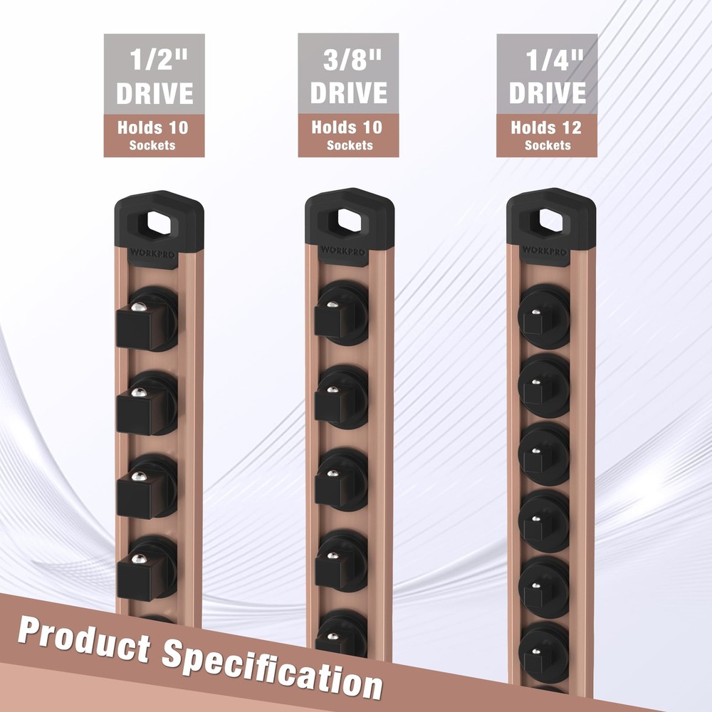 WORKPRO 1/2" Dr Heavy Duty Magnetic Socket Organizer 10 Clips Socket Holder Rack
