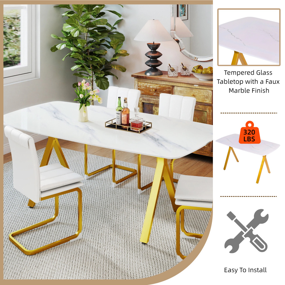 Rectangular Dining Table Modern Tempered Glass Kitchen Table w/metal legs
