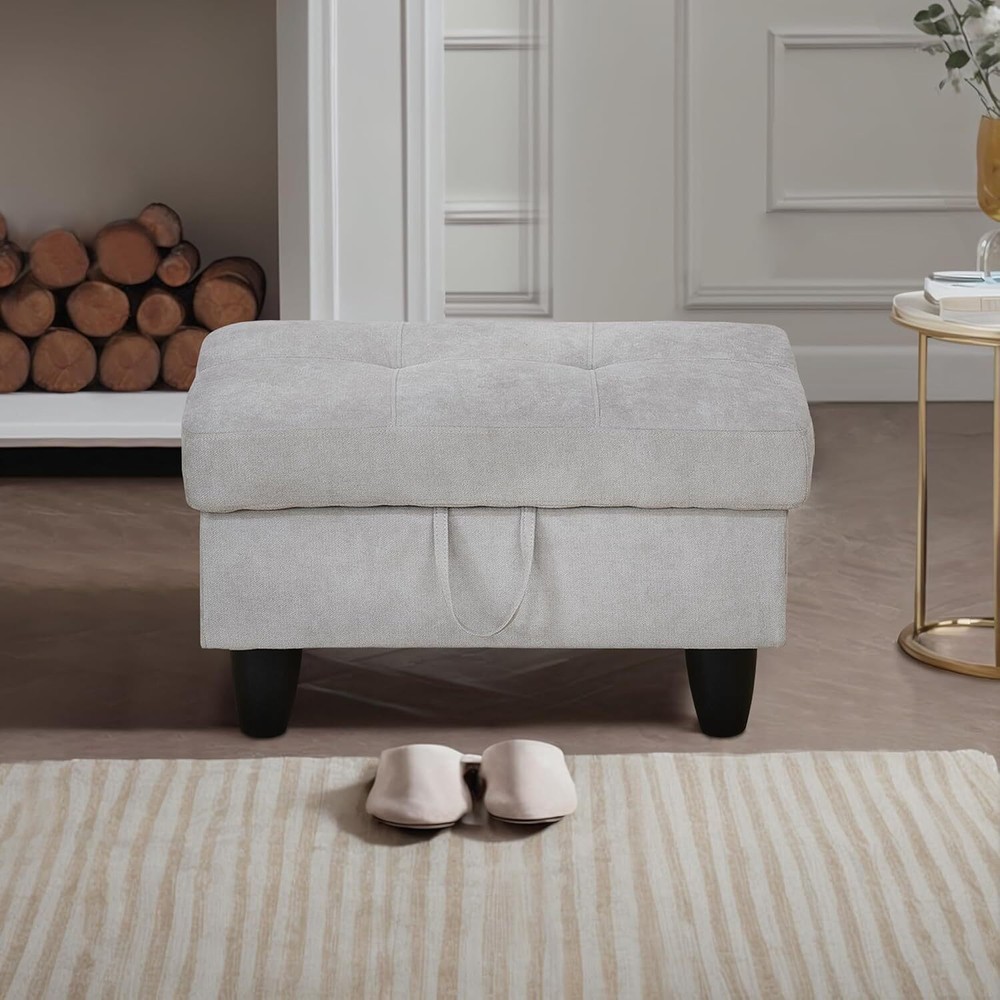 Ottoman Rectangular 28.5"x19"x17.5", Light Gray-flannel Square Pattern