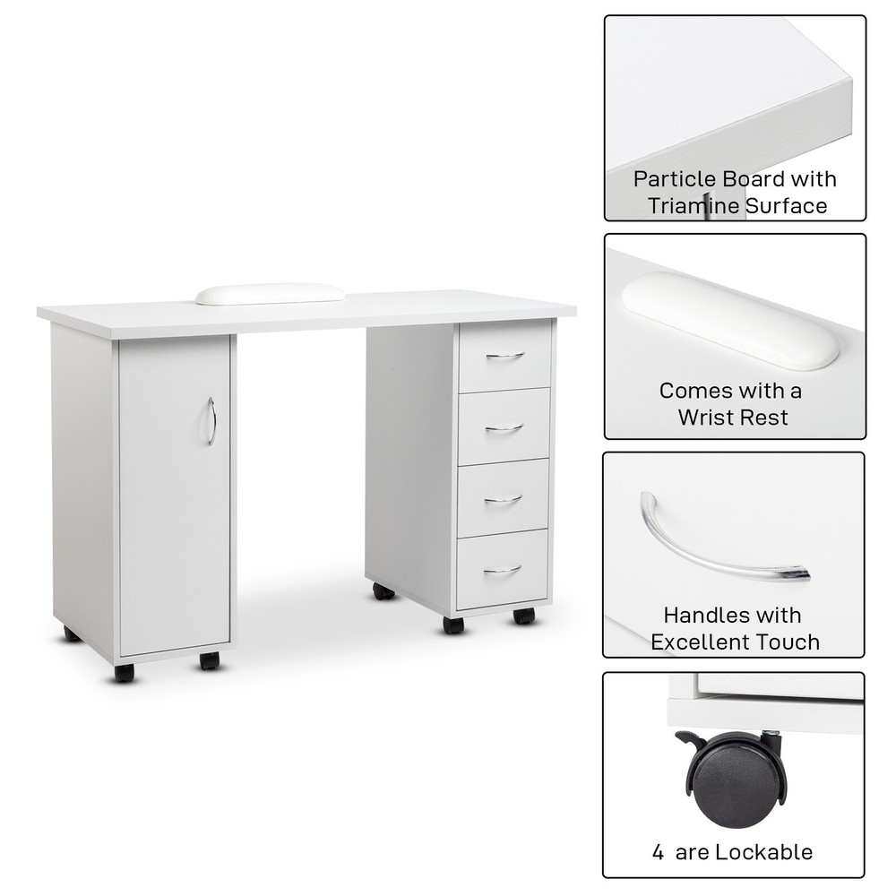 Rolling Computer Desk - White, 4-Drawer, 2 Shelves Storage & MDF ​Nail Table​