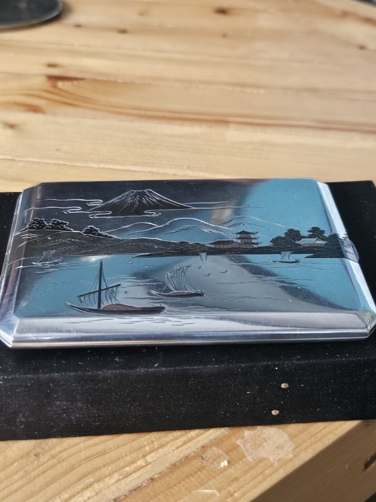 Beautiful 950 Solid Silver Japanese Niello Cigarette Case Signed & 950 Silver
