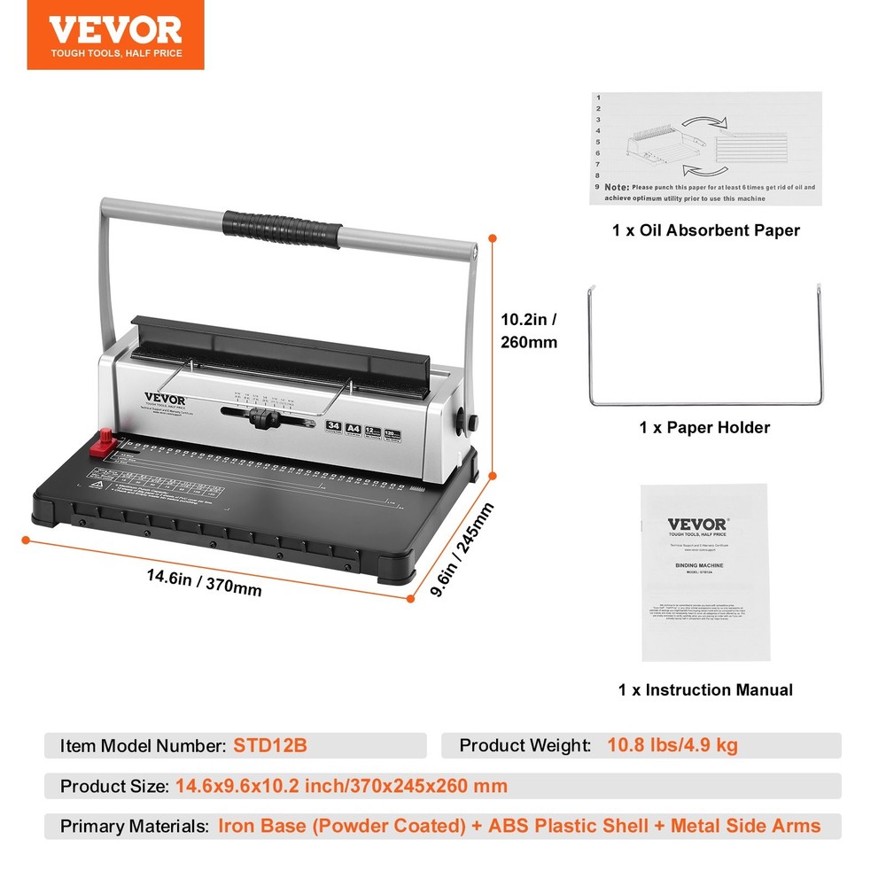 Coil Spiral Binding Machine,Manual Book Maker 34-Holes Binding 120 Sheets,Punc