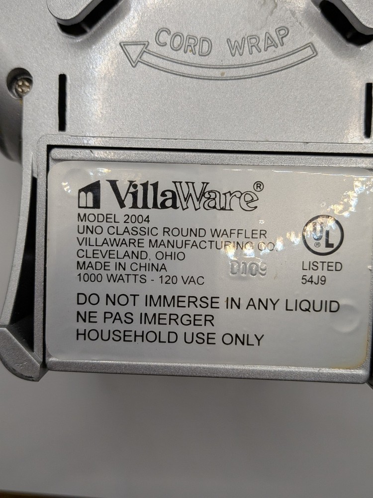 Villaware Waffle Tone Belgian Waffle Maker Baker Model 2004 TESTED