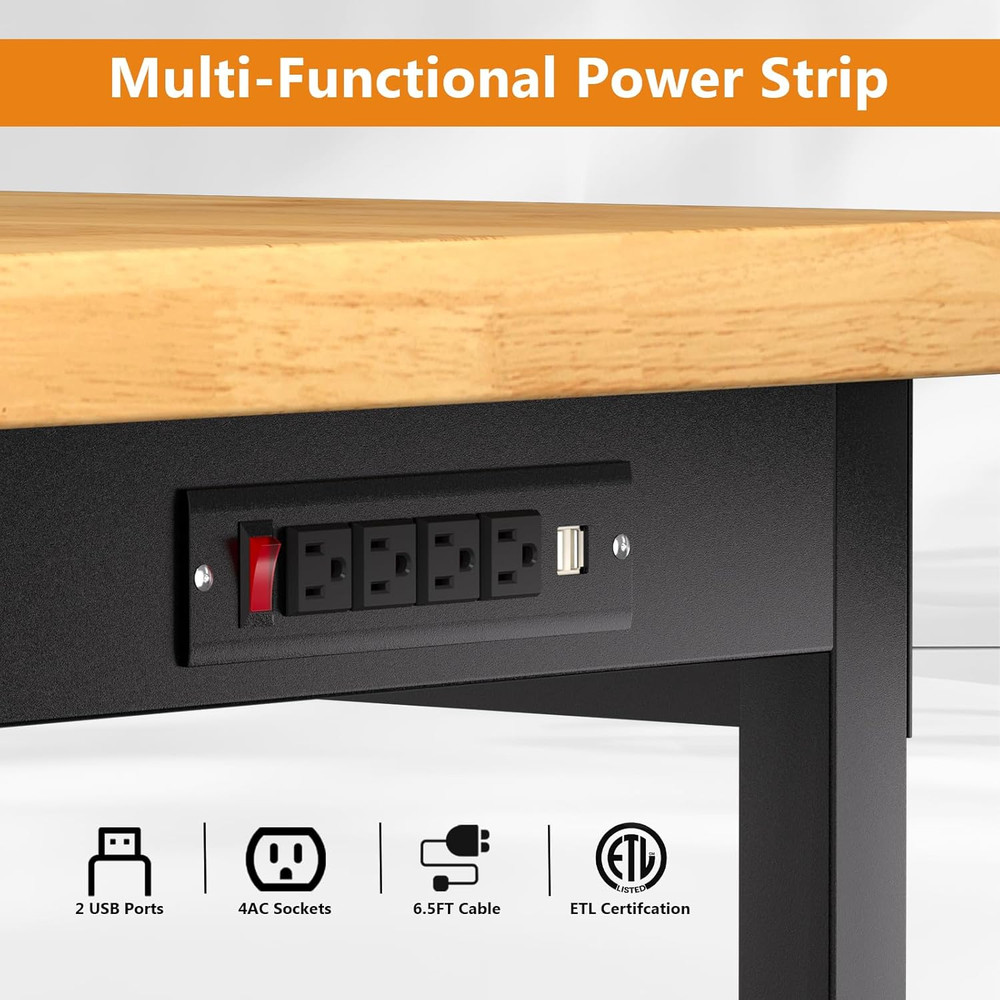 48" Heavy-Duty Solid Wood Work Bench with Drawers, Adjustable Height Workbench w