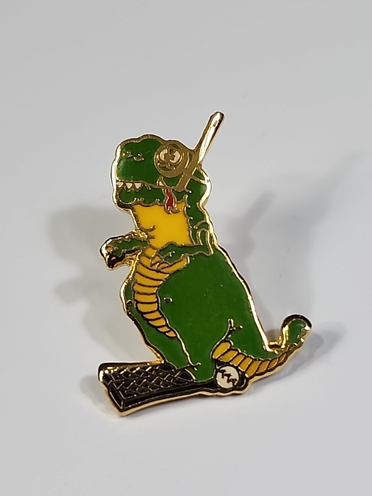 T Rex With A Sick & Ball Lapel Hat Jacket Pin Dinosaur