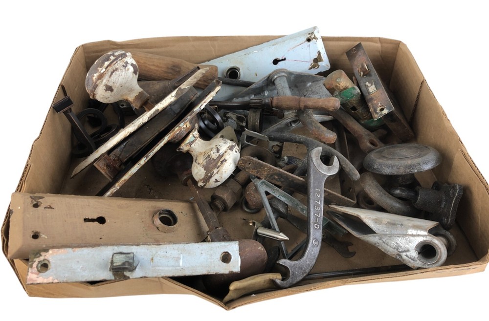 12 Pounds Mixed Miscellaneous Old Hardware Metal Stuff Locks Hooks Wheels Pulls