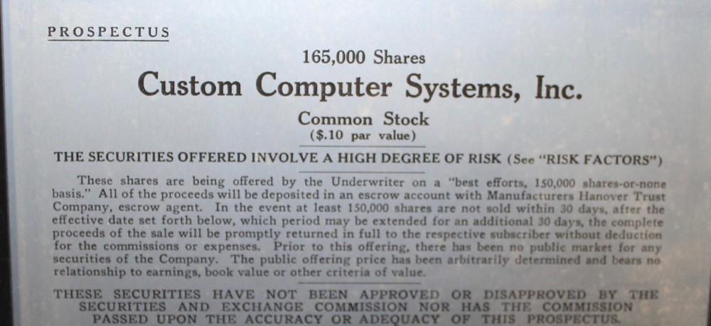 1970 EARLY COMPUTER HISTORY CUSTOM COMPUTER SYSTEMS, INC PROSPECTUS PLAQUE