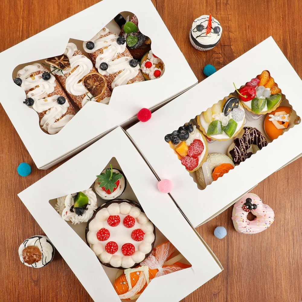 48pcs Bakery Boxes,12x8x2.5 Inches Cookie Boxes with 3 Style Window for Choco...