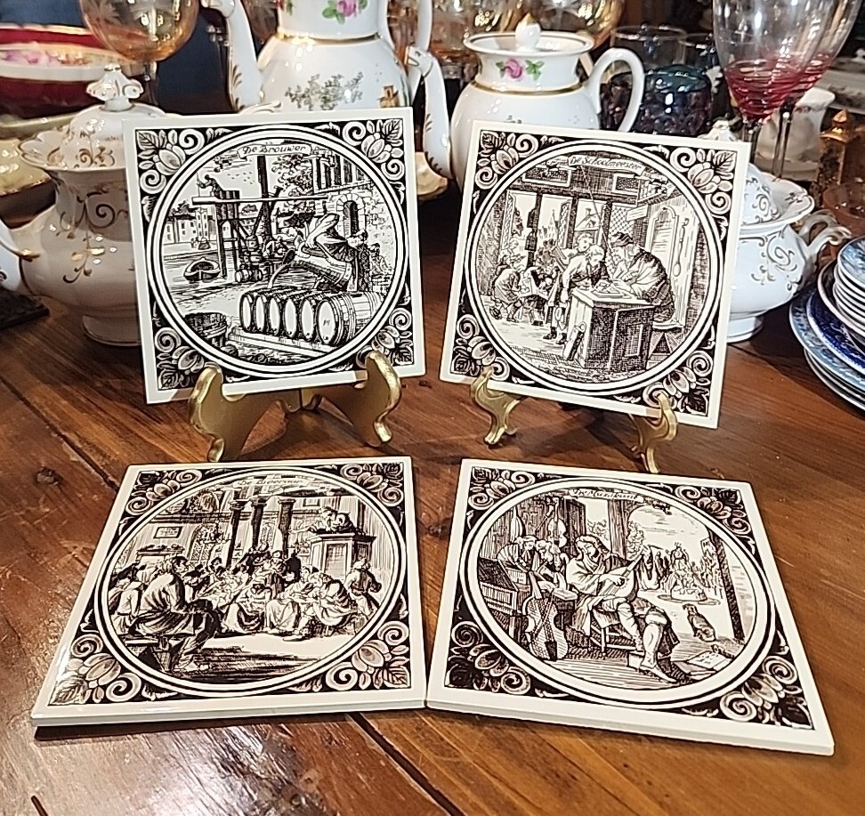 4 Ceramic Brown Transferware Tiles Japan