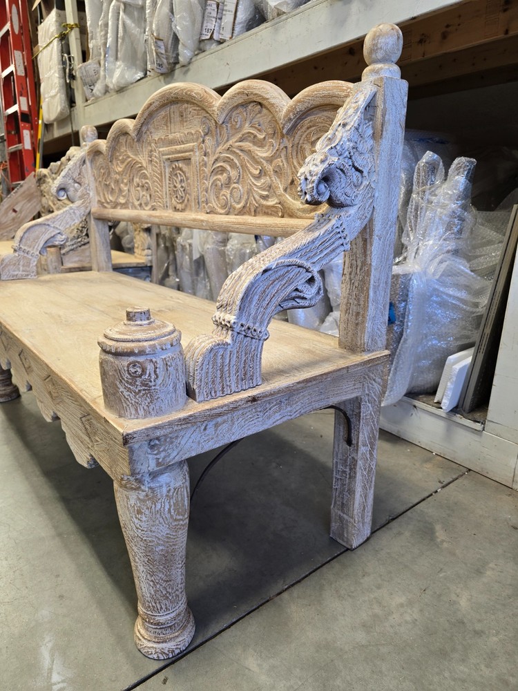 Reclaimed solid wood bench with floral carving design
