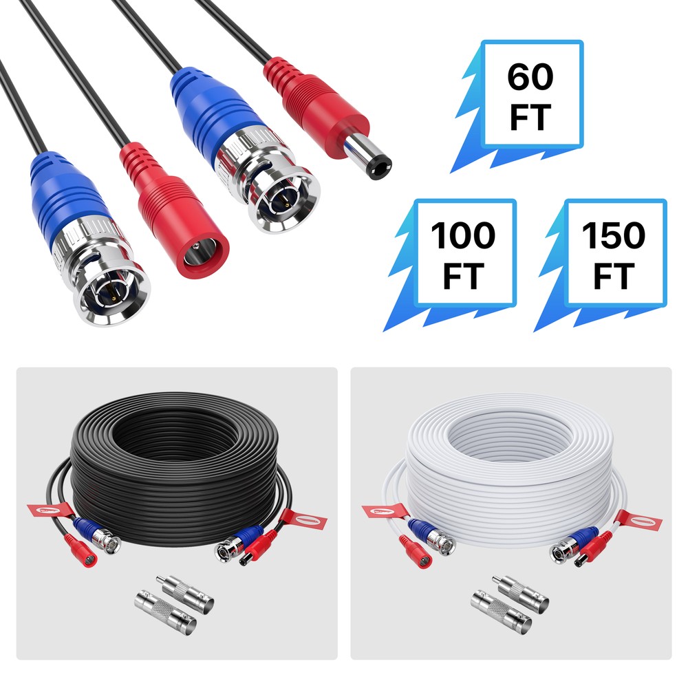 ZOSI 4PCS 60FT/100FT/150FT BNC Video Power Cable for Security Camera System