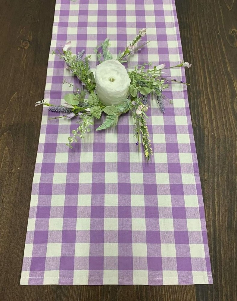 New Cottage Spring Easter Lilac PURPLE WHITE BUFFALO CHECK TABLE RUNNER 36"
