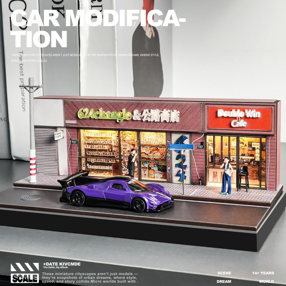 1/64 Mini Dust-Proof Simulation Light Road Stop Scene Set Model & 2 Doll Toys