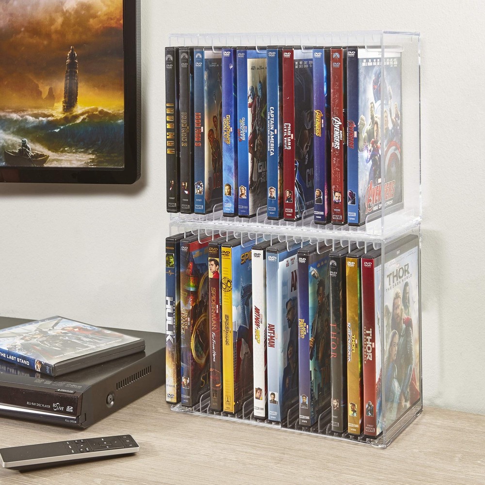 Stackable Clear Plastic DVD Organizer with Rubber Feet | Rectangular Holder Perf