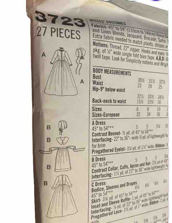 SIMPLICITY PATTERN COSTUMES PILGRIM Prairie 6-12 UNCUT 3723