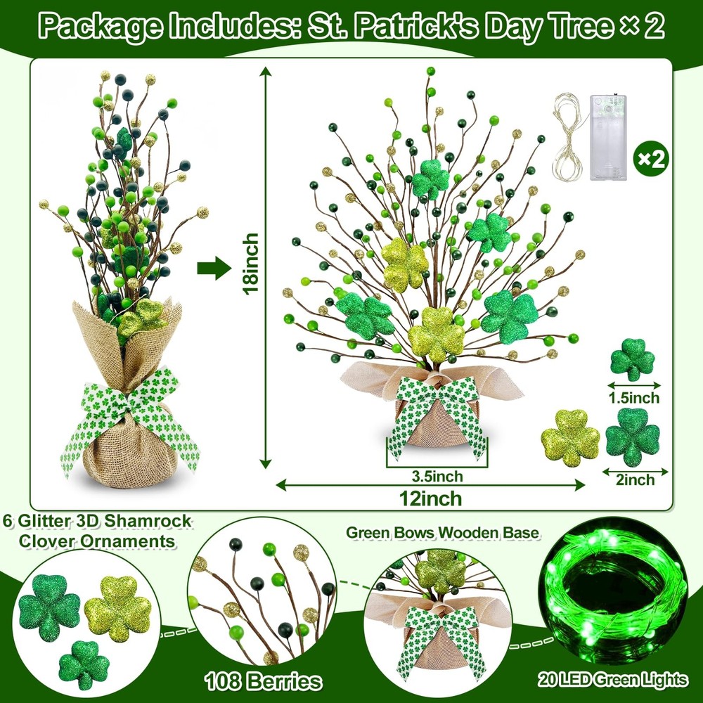 St. Patrick's Day Decorations, 2 Pack 18 Inch Lighted St. Patrick's Day Tree Tab